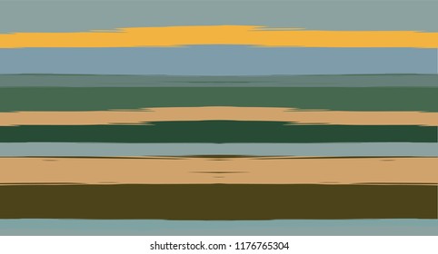 Brown, Green, Gray Painted Vector Seamless Summer Pattern Sailor Stripes. Grunge Textured Horizontal Graffiti Lines, Paint Brush Male Fabric Design. Vector Watercolor Seamless Stripes Trace Background