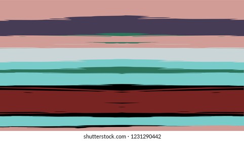 Brown, Green, Gray Painted Vector Seamless Summer Pattern Sailor Stripes. Grunge Textured Horizontal Graffiti Lines, Paint Brush Male Fabric Design. Vector Watercolor Seamless Stripes Cool Background
