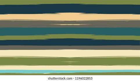 Brown, Green, Gray Vector Seamless Summer Pattern Painted Sailor Stripes. Grunge Textured Horizontal Modern Lines, Paintbrush Male Fabric Design. Vector Watercolor Seamless Stripes Paint Background