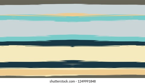 Brown, Green, Gray Vector Seamless Summer Pattern Painted Sailor Stripes. Simple Textured Horizontal Graffiti Lines, Paint Brush Male Fabric Design. Vector Watercolor Seamless Stripes Nice Background