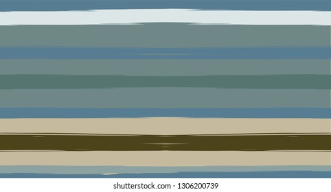 Brown, Green, Gray Vector Seamless Summer Pattern Painted Sailor Stripes. Trendy Textured Horizontal Hipster Lines, Paintbrush Male Fabric Design. Vector Watercolor Seamless Stripes Paint Background