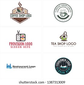 Brown green line art badge logo design cup coffee and provision suitable for restaurant fishermen shop food drink