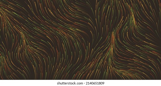 Brown and Green Moving, Flowing Stream of Particles in Curving, Wavy Lines - Digitally Generated Dark Futuristic Abstract 3D Geometric Background Design, Generative Art in Editable Vector Format