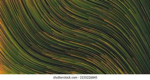 Brown and Green Moving Particles in Curving Lines, Scarcely Striped Pattern - Digitally Generated Dark Futuristic Abstract Geometric Background Design in Editable Vector Format