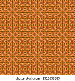 Brown, green and orange ethnic geometric motif seamless pattern in brown, green and orange on abstract background.
