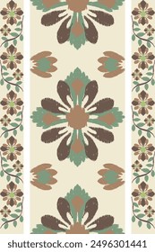 Brown, Green and pale-yellow embroidery, motif ethnic ikat textile illustration, print striped ornament, pattern, design for wrapping, silk, scarf, background, textile, carpets, curtains