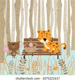 Brown green pastel greeting card with tiger,bear,leaf and flower