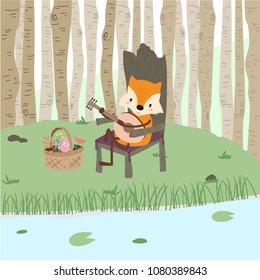 Brown green pastel greeting card with tiger,chair,guitar,bear,leaf and flower