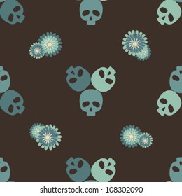 brown and green pattern with funny skulls and flowers