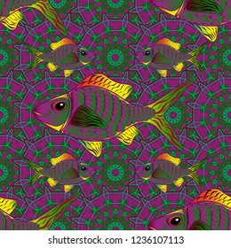 Brown, green and purple tropical sea, wave, fishes, seamless fashion pattern. Fashionable clothes, t-shirt design. Vector seamless embroidery sea life, sea shells, tropical fishes pattern.