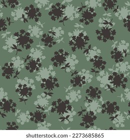 brown and green seamless vector small flowers leaves bunches pattern on green background