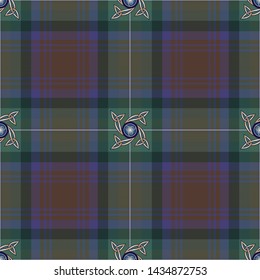 Brown and green stylized checkered background with celtic pattern for prints, fabrics, designs, clothes. The basis of the background is the Isle of Skye Tartan