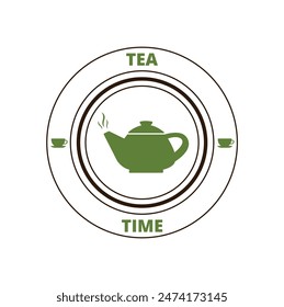 Brown and green tea time round banner on a white background