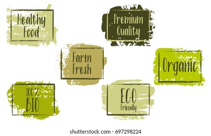 Brown and green vector organic labels, bio emblems collection for menu or natural products, food packaging. Farm fresh, eco friendly, premium quality, organic, 100% bio healthy food painted stickers