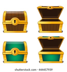 Brown and green vintage chest isolated on white background. Vector illustration.