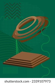 Brown and green vintage geometric theme poster banner. Retro abstract shapes template for cover design. Colored geometrical graphic minimal background.