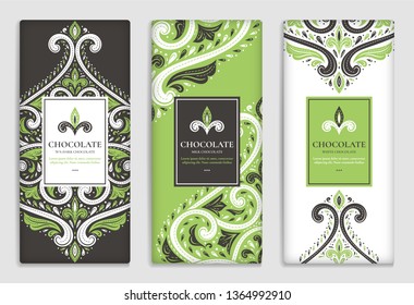 Brown and green vintage packaging design of chocolate bars. Vector luxury template with ornament elements. Can be used for background and wallpaper. Great for food and drink package types.