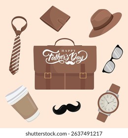Brown greeting card with male accessories like tie and watch for Father's Day celebration, flat lay top view on wooden background