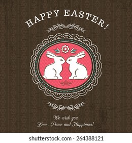 Brown greetings card for Easter Day with roundet frames with two rabbit. There inscription Happy Easter. Decorative composition suitable for invitations, greeting cards, flyers, banners.
