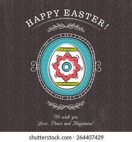 Brown greetings card with Easter egg and rounded decorative frame. There inscription Happy Easter. Decorative composition suitable for invitations, greeting cards, flyers, banners.