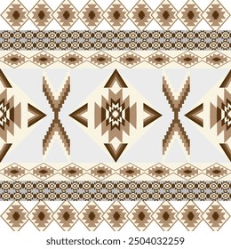 Braune und graue geometrische Muster, die traditionell, ethnisch, Navajo oder Indianer sind. Designs für Kleidung, Vorhänge, Teppiche, Sarongs, Hmong und Stoffränder.