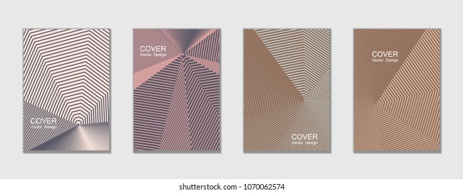 Brown and grey halftone covers vector template with lines. Vector journal design geometric shape background set, lines hipster pattern abstract covers collection.
