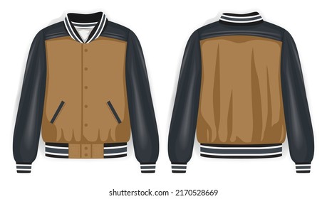 Vista frontal y posterior de la chaqueta de barniz marrón, gris y blanco, ilustración de parodia vectorial