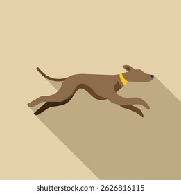 Brown greyhound running fast with a yellow collar and long shadow, flat design illustration