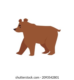 Brown or grizzly bear cartoon vector illustration. Bear walking on all fours, side view, isolated on white background. Forest animal.