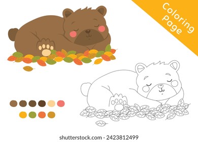 Brown grizzly bear sleeping on top of autumn leaves, black and white outline cartoon vector for coloring page. Printable coloring page template cartoon vector.