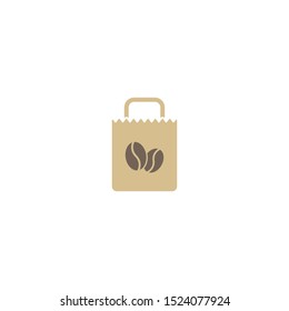 brown grocery paper bag with coffee beans. disposable cardboard bag with coffee. Paper container icon. Isolated on white background. Vector Illustration. Fast food business lunch picrogram.