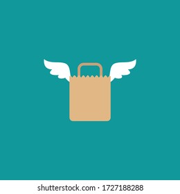 brown grocery paper shopping paper bag with wings. flat icon isolated on blue. Fast delivery vector illustration. Stylish package for purchase. Holiday sales, discount.