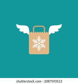 brown grocery paper shopping paper bag with snowflake and wings. flat icon isolated on blue. Christmas Fast delivery vector illustration. Winter package for purchase. New year holiday sales, discount.