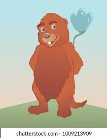 Brown groundhog. Cute hand drawn cartoon character with flower