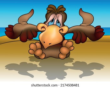Brauner Grumpelpapagei mit ausgestreckten Flügeln - farbige Cartoon-Illustration mit sandfarbenem Hintergrund, Vektorgrafik