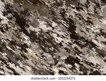 Brown Grunge Camouflage. Dark Sand Texture. Camo Ground Background. Glitch  Grey Beige Pattern. Military Vector Illustration.