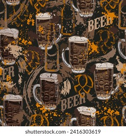 Brown grunge camouflage pattern with beer glass, abstract paint splatter, smudges, brushstrokes, blots. Outline silhouette of bottles, hop cones. Random composition.