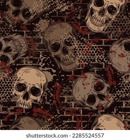 Brown grunge camouflage pattern with human skulls, brick wall, abstract brushstrokes, shapes. Random chaotic composition. Good for apparel, fabric, textile, sport goods.