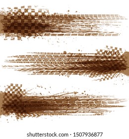 Brown grunge elements with tire tracks isolated on white background