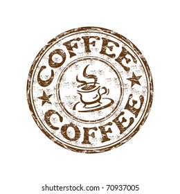 Brown grunge rubber stamp with coffee cup and the text coffee written inside the stamp