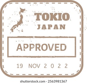 Brown grunge rubber stamp featuring the map of Japan with Tokio, Japan prominently displayed, marked with an approved sign and the date of November 19, 2022