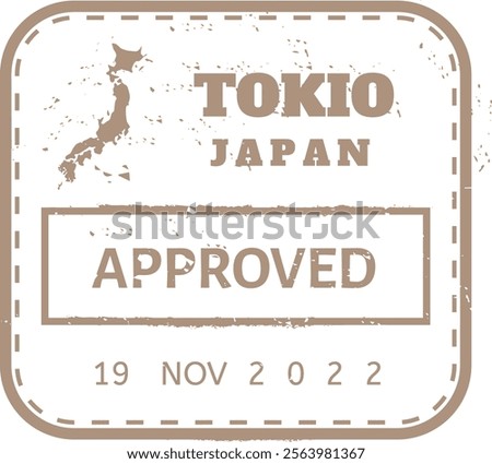 Brown grunge rubber stamp featuring the map of Japan with Tokio, Japan prominently displayed, marked with an approved sign and the date of November 19, 2022