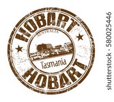 Brown grunge rubber stamp with the name of Hobart, the capital of Tasmania written inside the stamp
