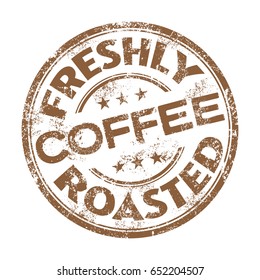 Brown grunge rubber stamp with the text freshly roasted coffee written inside the stamp
