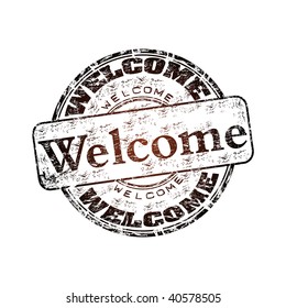 Brown grunge rubber stamp with the word welcome written inside the stamp