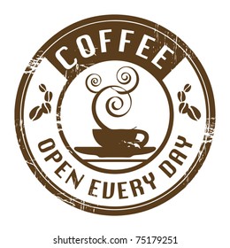 Brown grunge stamp with coffee cup and the text coffee written inside, vector illustration