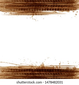 Brown grunge transparent tire tracks frame isolated on white background
