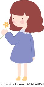 brown hair cute girl holding flower with purple dress and yellow shoes. 