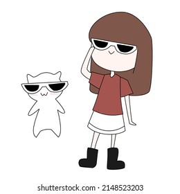 brown hair girl cartoon white cat with cool glasses on black boot happy smile