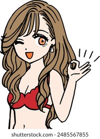 Brown hair girl in red swimsuit giving the OK sign